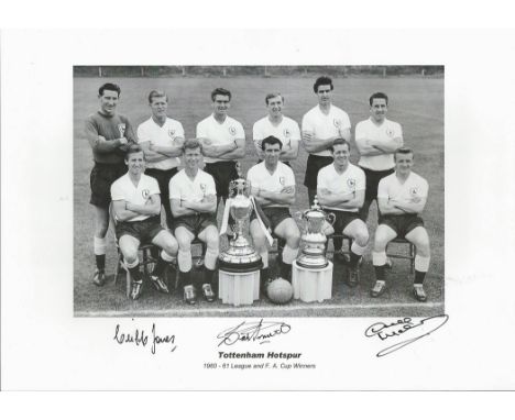 Cliff Jones, Bobby Smith and Dave Mackay signed 16x12 colour Tottenham Hotspur 1960 61 League and F. A Cup winners black and 
