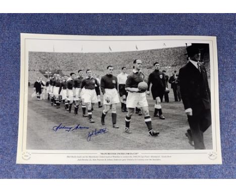 Johnny Morris and Jack Crompton signed Manchester United 1948 FA Cup 16x12 black and white print. Matt Busby leads out his Ma