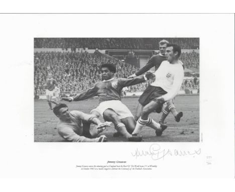 Jimmy Greaves signed 16x12 black and white print. Jimmy Greaves scores the winning goal as England beat the Rest of the World