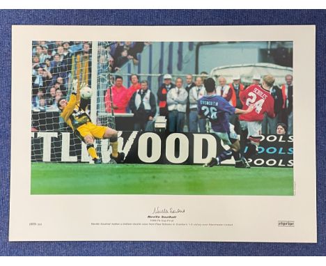 Neville Southall signed 22x16 colour 1995 FA Cup Final colour print Neville Southall makes a brilliant double save from Paul 