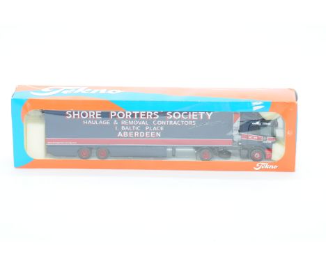Tekno (1/50th scale) Scania Articulated Truck and Trailer "Shore Porters Society". Condition is Excellent (unchecked for comp