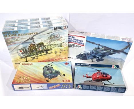 MRC, Smer &amp; Italeri a boxed group of Helicopter unmade model kits to include MCR 1/35 scale Bell 47D Mash Helicopter, Sme