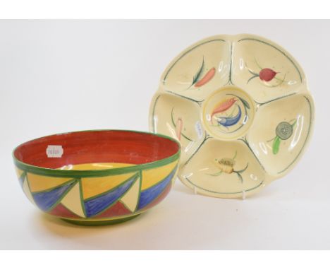 A Clarice Cliff Bizarre bowl, decorated a geometric design, interior worn, Bizarre in script, Newport printed mark, 23.5 cm d