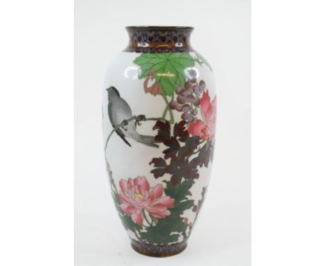 A cloisonné enamel vase, decorated birds, insects, flowers and foliage, on a white ground, 25 cm high  Condition report Repor