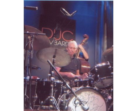 Rolling Stones Charlie Watts signed 10x8 photo playing drums. Good condition