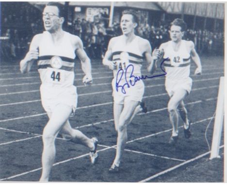 Four Minute Mile signed 10x8 photo of Roger Bannister, during the first sub four minute mile race. Good condition