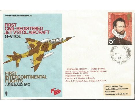 1972 First Intercontinental Harrier Flight cover. Part of a series Harrier flown around the world. Limited numbers produced s