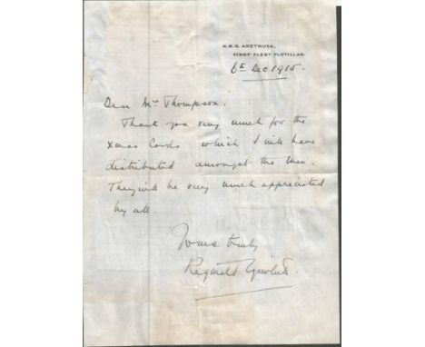 Admiral Sir Reginald Tyrwhitt d1950 small handwritten letter dated 1915 on HMS Arethusa notepaper, giving thanks for Christma
