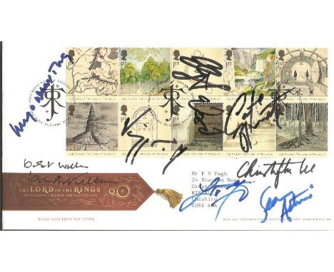 Sean Astin, Ian Mckellen, Christopher Lee and 5 others signed Lord of the Rings FDC. FDI Edinburgh. Neat typed address. Good 