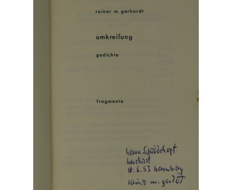 Gerhardt, Rainer Maria. Umkreisung. Gedichte. 35 S., 2 Bl. Illustrierte OBroschur (etwas fleckig und berieben). Karlsruhe, Fr