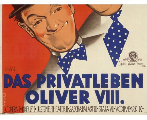 Atelier König (Hrsg.). Laurel und Hardy in "Das Privatleben Oliver VIII." Großplakat in 2 Teilen. Farblithogarphie. 189,5 x 1