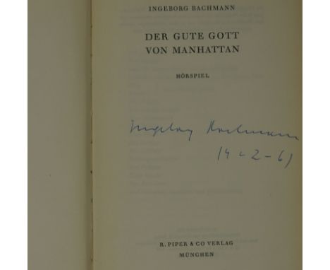 Bachmann, Ingeborg. Der gute Gott von Manhattan. Hörspiel. 11.-20. Tsd. 86 S., 1 Bl. 19 x 12,5 cm. OPappband (berieben). Münc