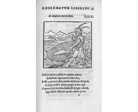 Alciato, Andrea. Emblematum libellus, vigilanter recognitus, &amp; ab ipso iam autore locupletatus. 121 S., 2 (von 3; ohne da