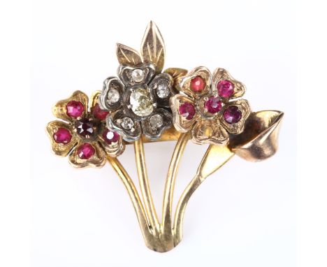 A late 20th century ruby and diamond floral spray brooch, unmarked gold settings with old-cut diamonds, brooch length 31.6mm,