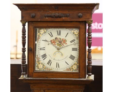 An 18th century stained pine longcase clock, by John Box of Launceston, 28cm square white enamel dial with Roman numeral hour