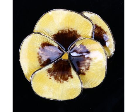 A Vintage Norwegian vermeil sterling silver and yellow enamel pansy brooch, diameter 44.3mm, 19.7g 