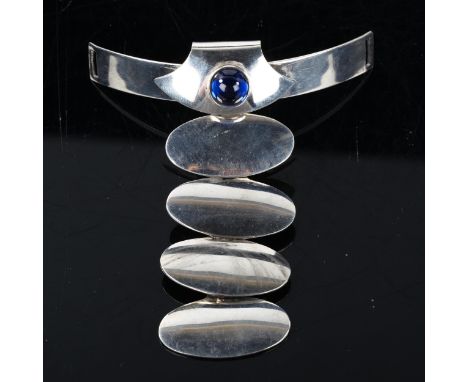 NIELS ERIK FROM - a Vintage Danish sterling silver and blue glass modernist neck collar pendant, height 7.5cm, 28.2g 