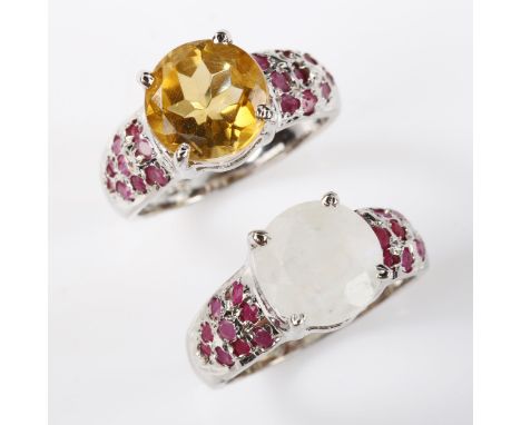 2 modern silver stone set rings, gemstones include moonstone citrine and ruby, sizes O and P, 11.6g total (2) 