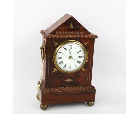 A 19th century mahogany miniature bracket clock, white enamel dial with Roman numeral hour markers, blued steel hands and bra