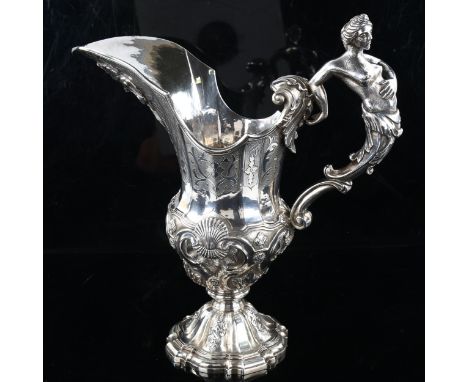 A large and impressive 19th century Continental cast-silver Neo-Classical pitcher jug, possible German Hanau, with cast figur