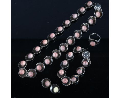 NIELS ERIK FROM - a Vintage Danish sterling silver and pink moonstone demi-parure, comprising line necklace, bracelet and rin