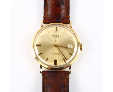 ORIOSA - a 9ct gold automatic wristwatch, champagne dial with baton hour markers, sweep centre seconds hand and date aperture