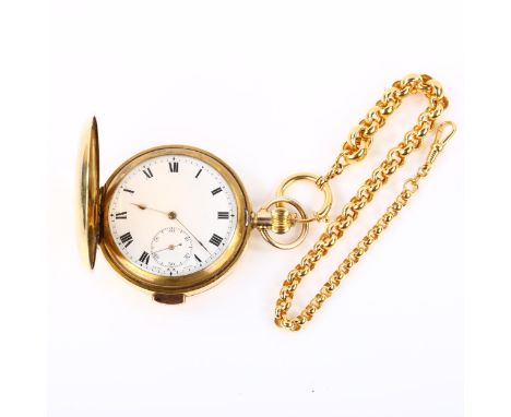 An early 20th century gold filled full hunter quarter repeater pocket watch, white enamel dial with Roman numeral hour marker