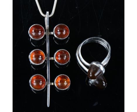 NIELS ERIK FROM - a Vintage Danish stylised sterling silver and amber matching pendant necklace and ring set, pendant height 