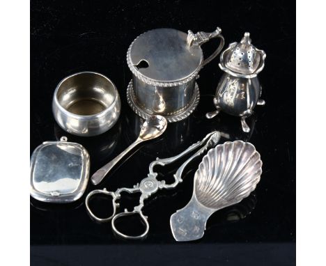 Various silver, including caddy spoon, sugar nips, Russian salt, Elkington mustard pot etc, 6.4oz weighable 