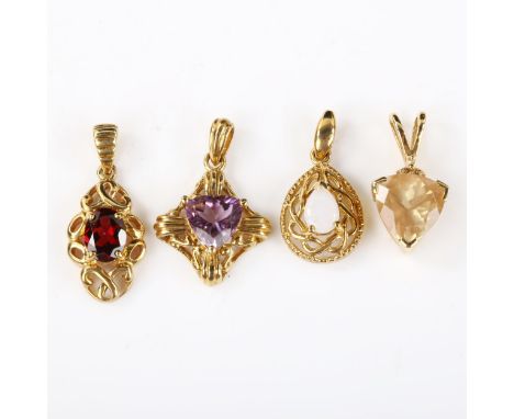 4 x 9ct gold stone set pendants, gemstones including opal amethyst sun stone etc, 8.9g total (4) 