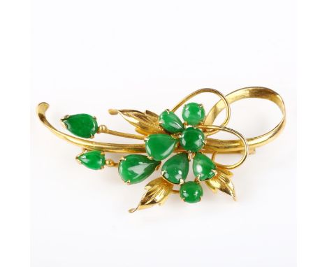 A Chinese 14ct gold jade floral spray brooch, set with round and pear cabochon jade, brooch length 51mm, 5.7g 
