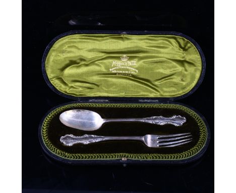 MAPPIN &amp; WEBB - a cased Edwardian silver eating set, comprising fork and spoon, hallmarks London 1908, fork length 16.5cm