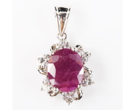 A modern 9ct white gold ruby and white sapphire pendant, pendant height 27.9mm, 3.9g 