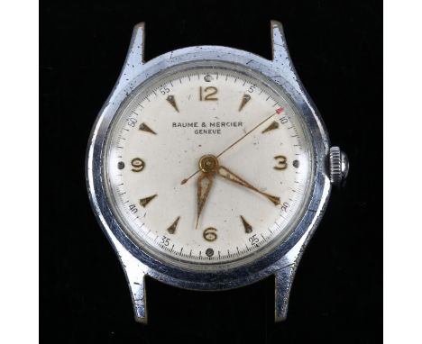 BAUME &amp; MERCIER - a Vintage stainless steel mechanical wristwatch head, ref. 110, silvered dial with gilt quarterly Arabi