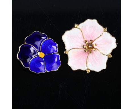 2 Vintage Scandinavian vermeil sterling silver and enamel flowerhead brooches, maker's include Aksel Holmsen, largest diamete