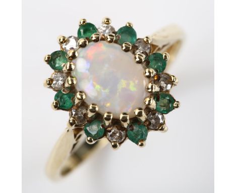 A modern 9ct gold opal emerald and diamond oval cluster ring, setting height 13mm, size N, 2.3g 