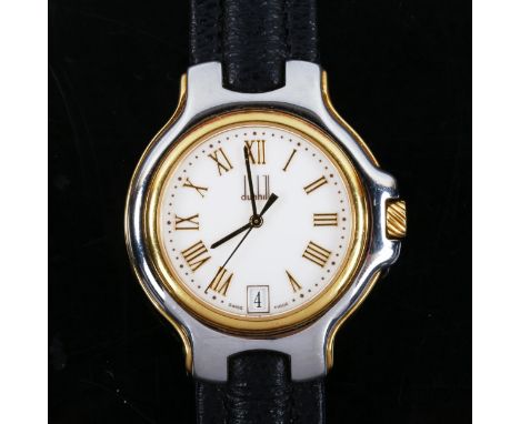 DUNHILL - a gold plated stainless steel Londinium quartz wristwatch, circa 1998, white dial with gilt Roman numeral hour mark