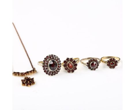 Various garnet jewellery, comprising 4 rings and 1 necklace, ring sizes K, L, N and Q, necklace length 40cm, 17.1g total (5) 
