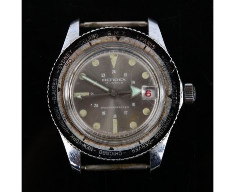 RENDEX - a stainless steel GMT mechanical wristwatch head, silvered dial with luminous dot and baton hour markers, sweep cent