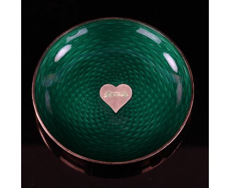 EGON LAURIDSEN - a Vintage Danish sterling silver and green enamel pin dish, with dog and heart motif and engine turned decor
