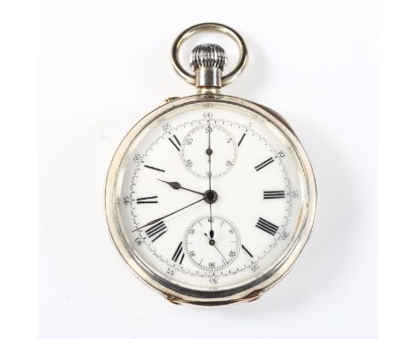 A late 19th century Swiss silver-cased open-face keyless-wind chronometer pocket watch, white enamel dial with Roman numeral 