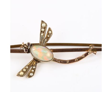 An early 20th century 9ct gold opal pearl and garnet figural dragonfly bar brooch, brooch length 66.7mm, 3.8g 