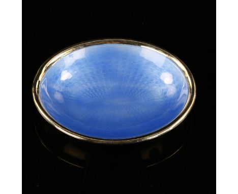 A Continental unmarked silver and blue enamel pin dish, engine turned decoration, 9cm x 7cm, 1.4oz 