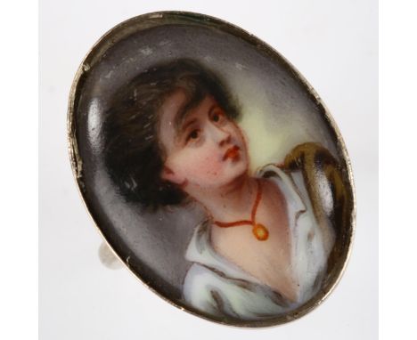 A Vintage hand painted porcelain panel ring, unmarked silver settings, setting height 25.3mm, size M, 3.9g 