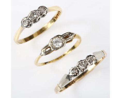 2 x 18ct gold three stone diamond rings, sizes M and P, 3.8g, and an 18ct gold white sapphire ring, size J, 1g (3) 