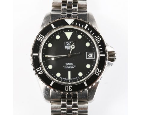 TAG HEUER - a Vintage stainless steel 1000 Professional 200M quartz bracelet watch, ref. 980.013B, circa 1990s, black dial wi