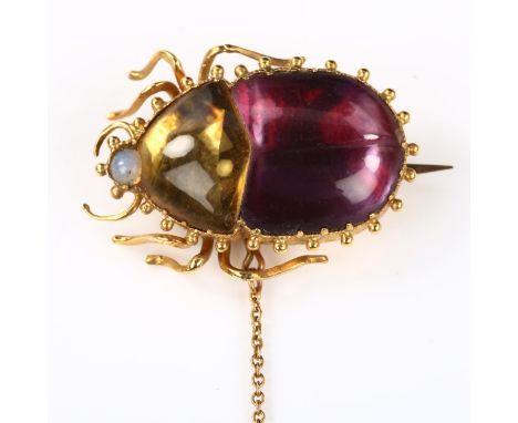 A Georgian novelty figural gem set beetle brooch, unmarked gold closed-back settings with cabochon amethyst citrine and opal,