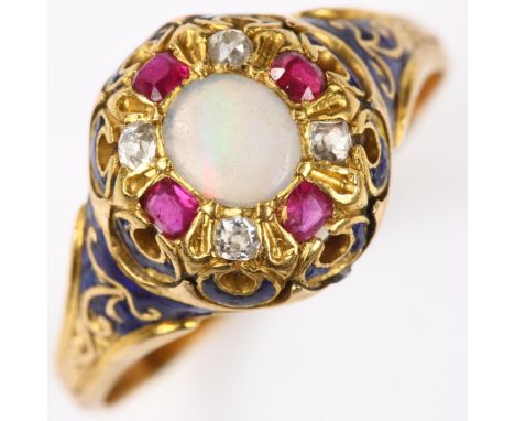 An Antique Continental opal ruby diamond and blue enamel dress ring, unmarked gold settings, setting height 11.9mm, size S, 4