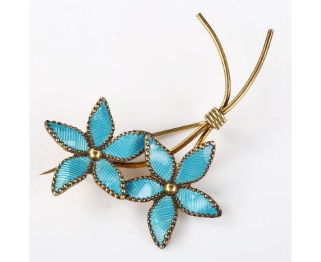 BERNARD MELDAHL - a Vintage Norwegian vermeil sterling silver and blue enamel floral spray brooch, brooch length 72.1mm, 11.5