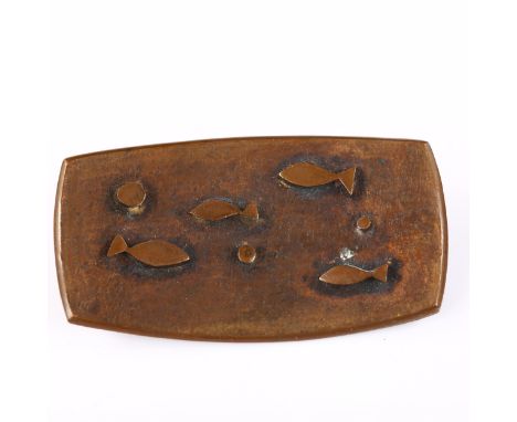 A Vintage Norwegian copper modernist fish brooch, unsigned, brooch length 54.9mm, 22g 